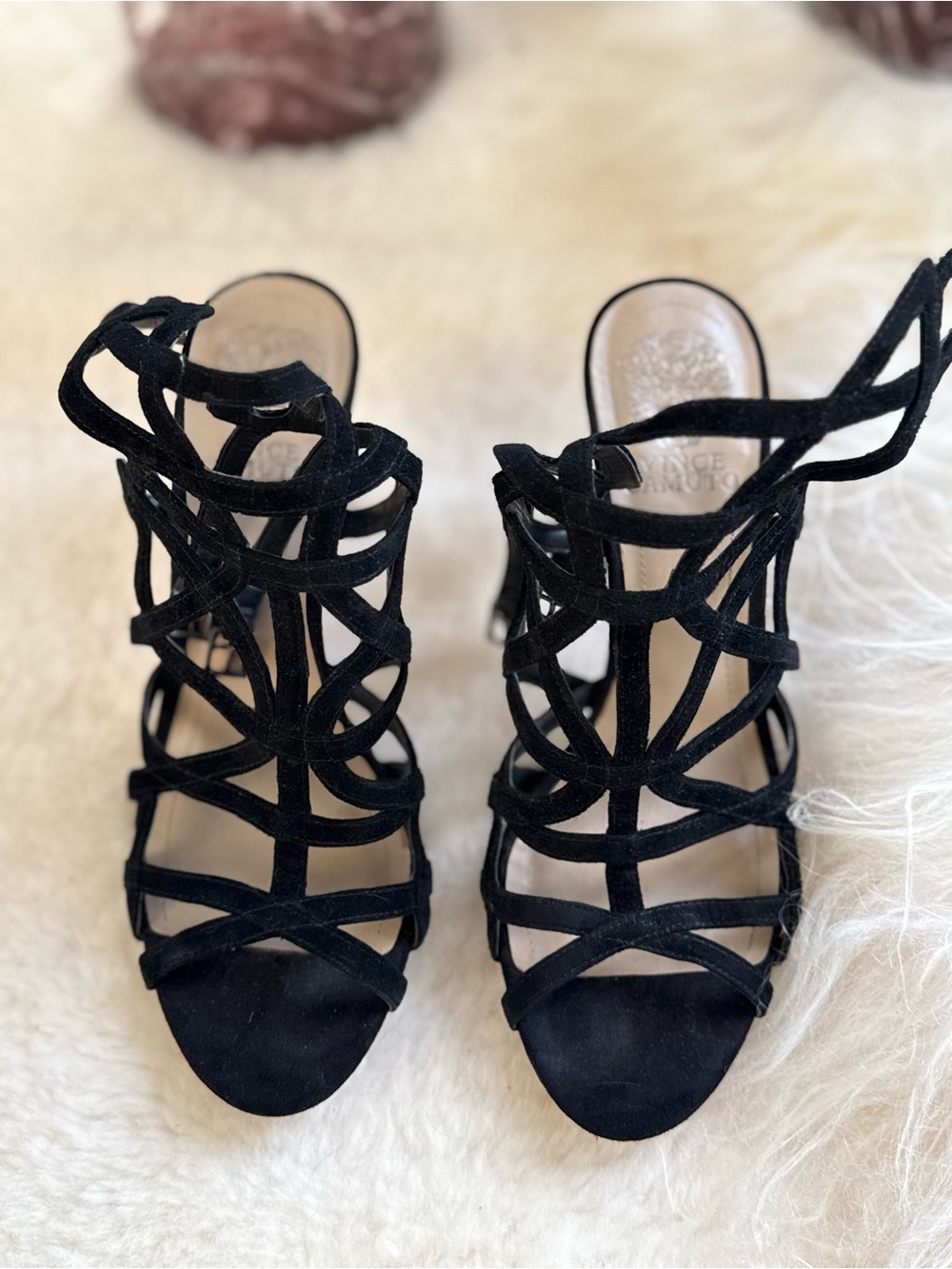 Vince Camuto Black Suede Cage Strappy Heel Sandals - Size 8